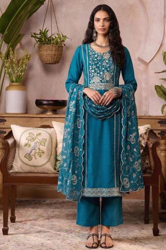 Blue organza zari embroidered   sequins and beads free size suit