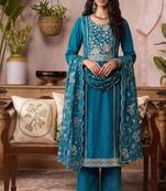 Blue organza zari embroidered   sequins and beads free size suit