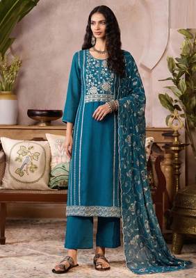 Blue organza zari embroidered   sequins and beads free size suit 2