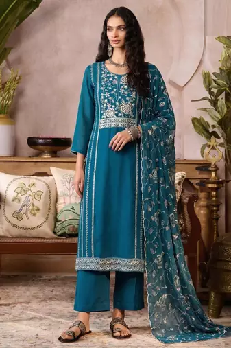 Blue organza zari embroidered   sequins and beads free size suit