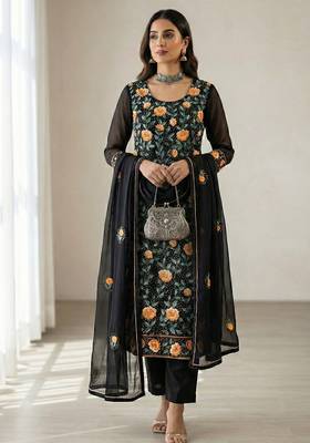 Black georgette multi thread and sequins embroidery work free size suit 1