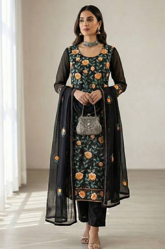 Black georgette multi thread and sequins embroidery work free size suit