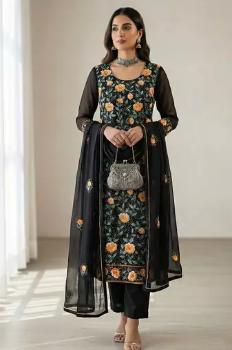 Black georgette multi thread and sequins embroidery work free size suit