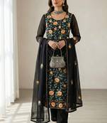 Black georgette multi thread and sequins embroidery work free size suit