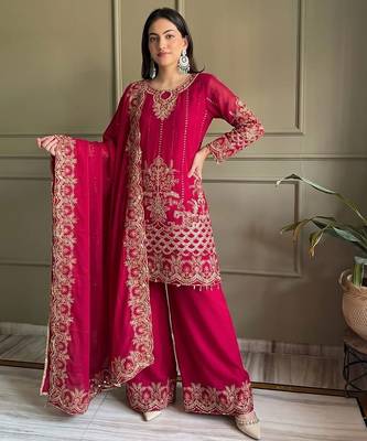 Rani pink georgette embroidered free size suit 1