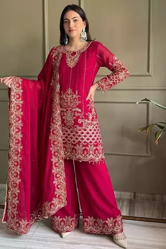 Rani pink georgette embroidered free size suit