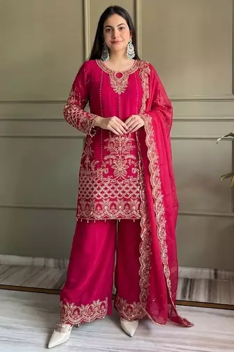 Rani pink georgette embroidered free size suit