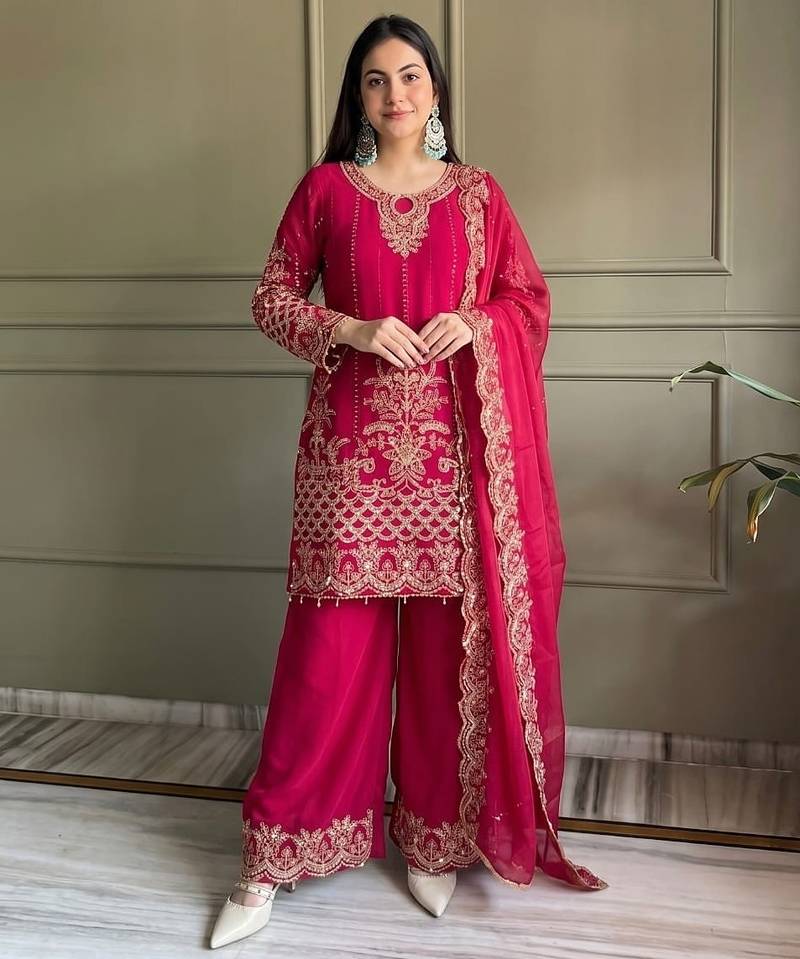 Rani pink georgette embroidered free size suit