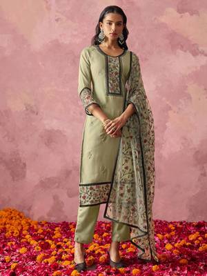 Light olive georgette thread embroidery & sequins free size suit 1