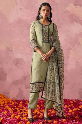 Light olive georgette thread embroidery & sequins free size suit