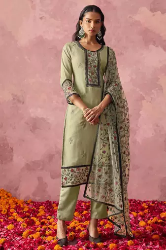 Light olive georgette thread embroidery & sequins free size suit