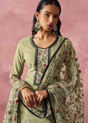 Light olive georgette thread embroidery & sequins free size suit 2