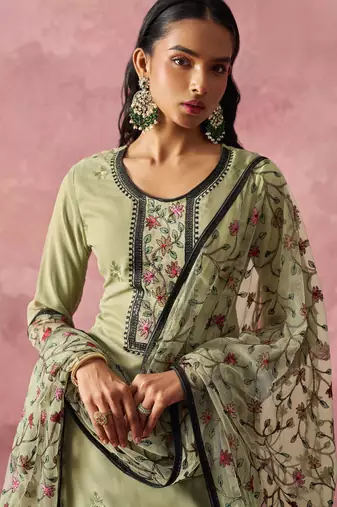 Light olive georgette thread embroidery & sequins free size suit
