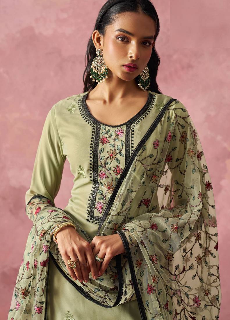 Light olive georgette thread embroidery & sequins free size suit