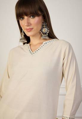 Beige blended cotton solid & mirror work on nackeline free size suit 2