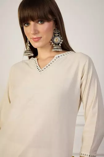 Beige blended cotton solid & mirror work on nackeline free size suit
