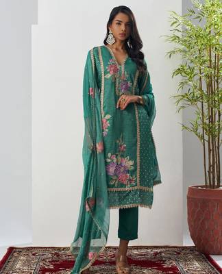 Green fancy fabric thraed embroidery   beads & sequins free size suit 1