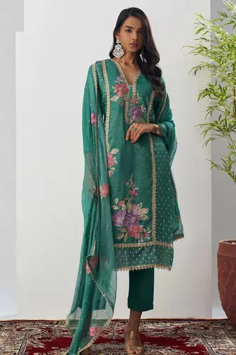 Green fancy fabric thraed embroidery   beads & sequins free size suit