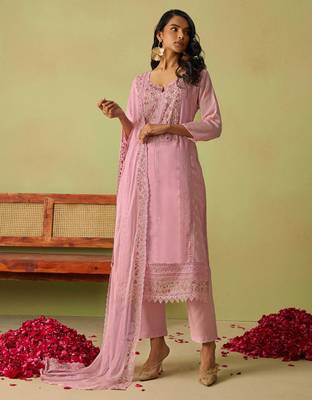 Pink organza thared work embroidery   stone & beads free size suit 1