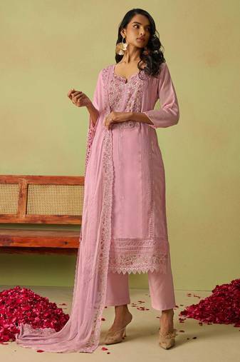 Pink organza thared work embroidery   stone & beads free size suit
