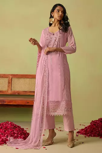 Pink organza thared work embroidery   stone & beads free size suit
