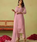 Pink organza thared work embroidery   stone & beads free size suit