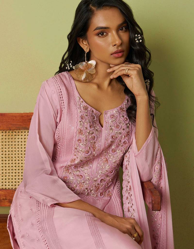 Pink organza thared work embroidery   stone & beads free size suit