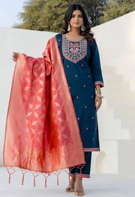 Blue silk blend embroidered free size suit 1