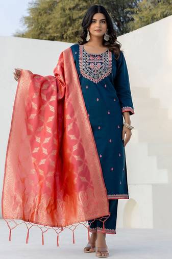 Blue silk blend embroidered free size suit