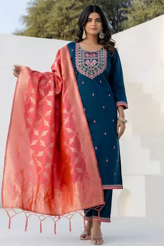 Blue silk blend embroidered free size suit