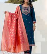 Blue silk blend embroidered free size suit