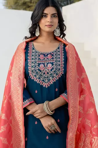 Blue silk blend embroidered free size suit