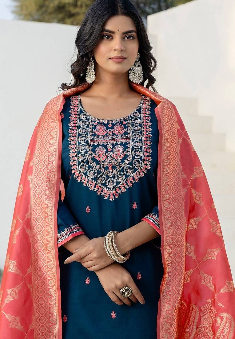 Blue silk blend embroidered free size suit