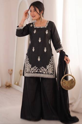 Black silk blend embroidered free size suit