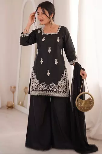 Black silk blend embroidered free size suit