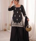 Black silk blend embroidered free size suit