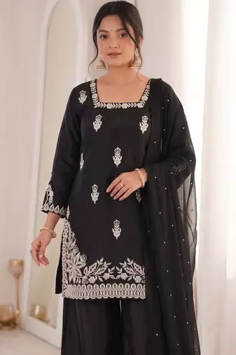 Black silk blend embroidered free size suit