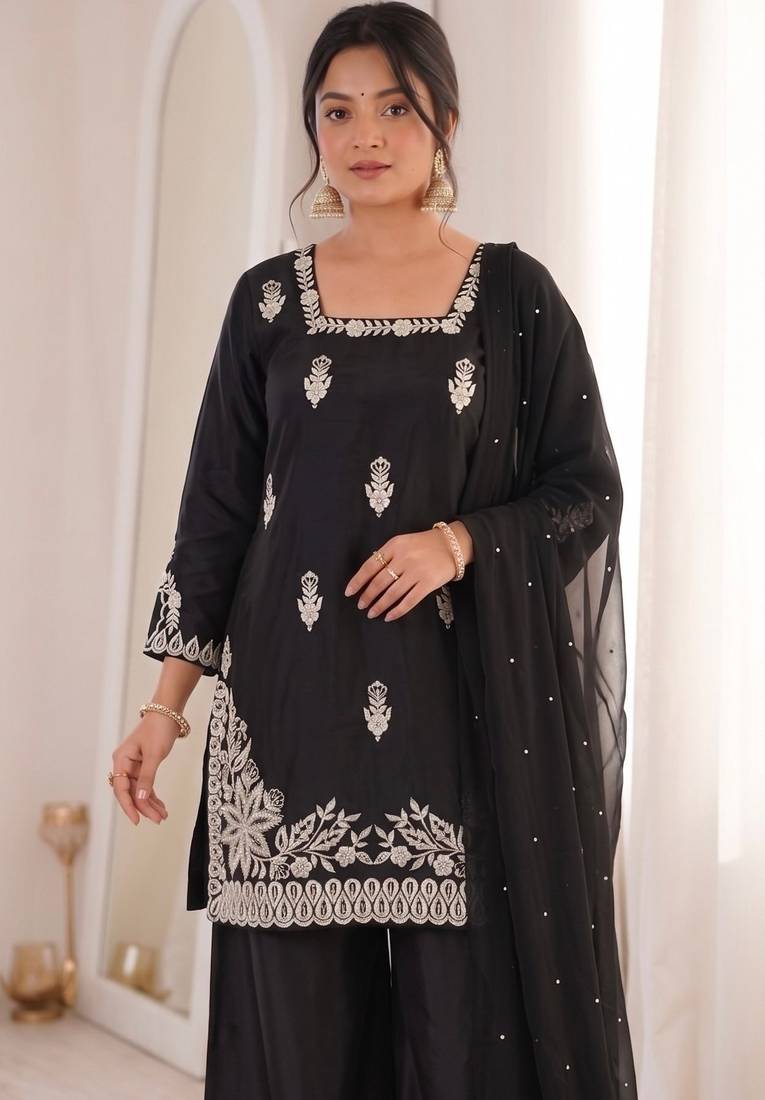 Black silk blend embroidered free size suit