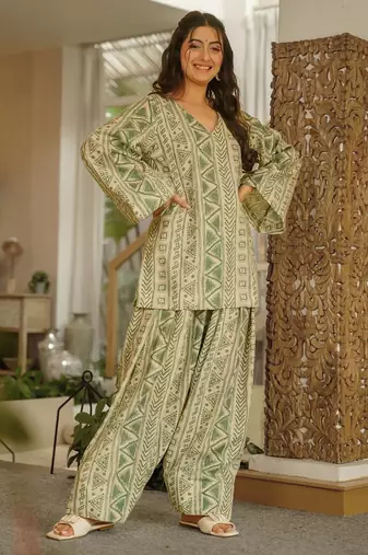 Green blended cotton digital print free size suit