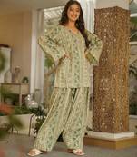 Green blended cotton digital print free size suit