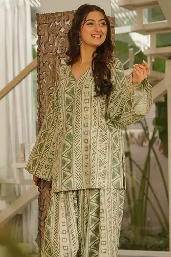 Green blended cotton digital print free size suit