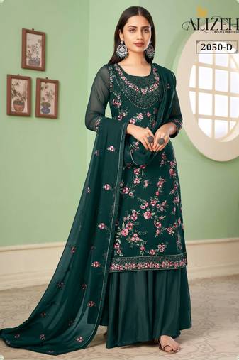 Green georgette embroidered & sequins free size suit