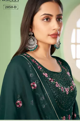 Green georgette embroidered & sequins free size suit