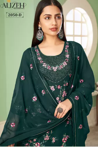 Green georgette embroidered & sequins free size suit