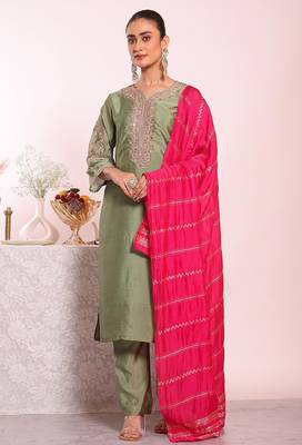 Sea green silk blend embroidered free size suit 1
