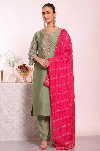 Sea green silk blend embroidered free size suit