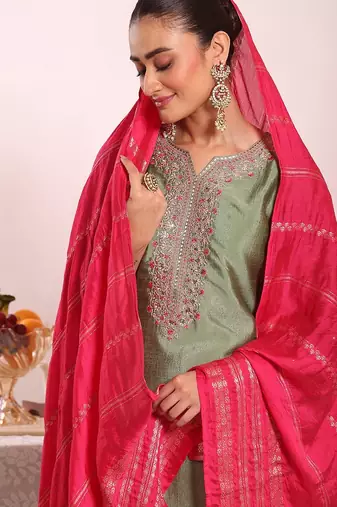 Sea green silk blend embroidered free size suit