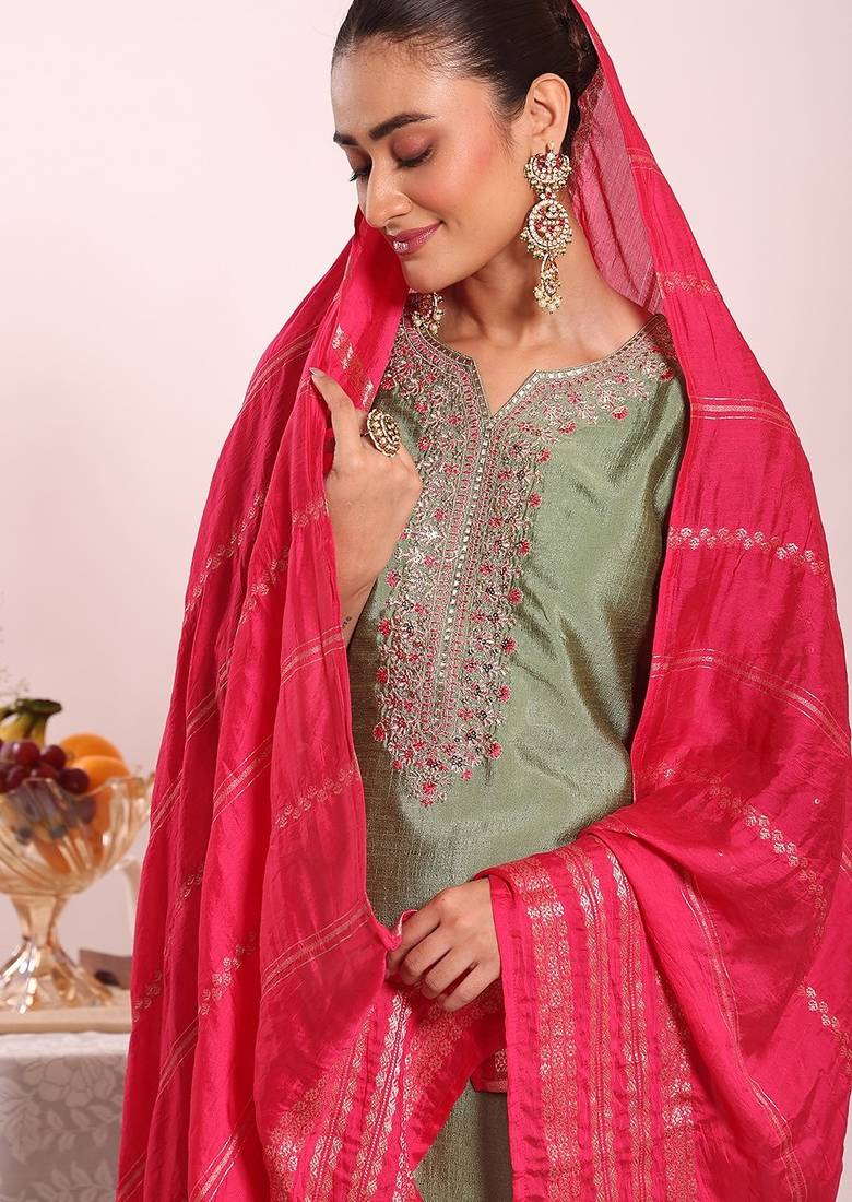 Sea green silk blend embroidered free size suit