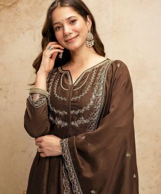 Chocolate silk blend embroidered free size suit 2