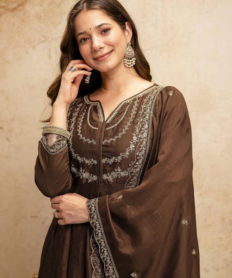 Chocolate silk blend embroidered free size suit